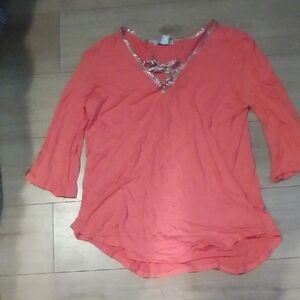 VENUS Coral V-Neck Blouse with Unique Trim